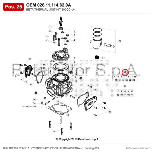 BETA THERMAL UNIT KIT 300CC -A- – OEM 026.11.114.82.0A, position 25 on the Beta RR 300 2T MY17 cylinder/cylinder head/valvetrain drawing