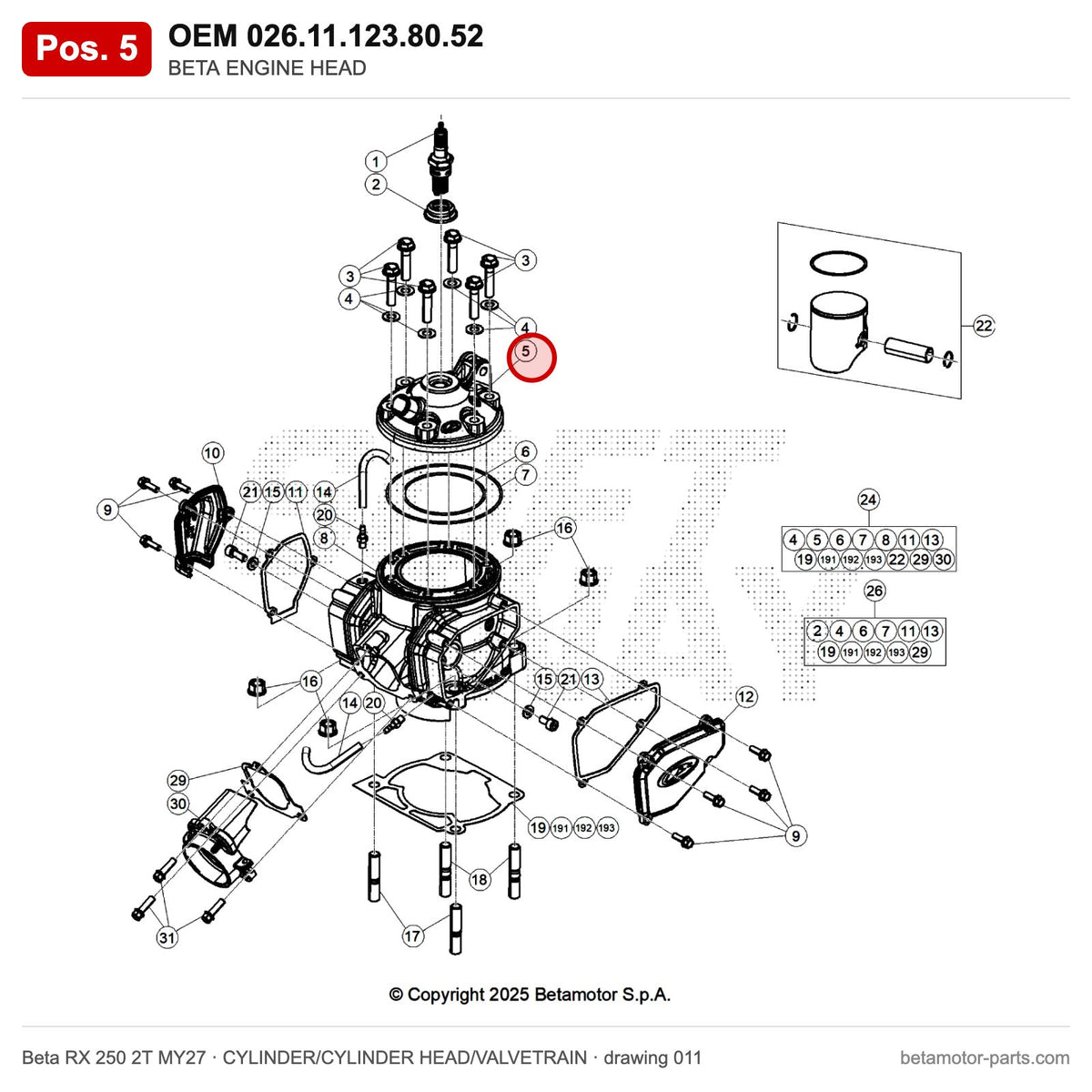 BETA ENGINE HEAD – OEM 026.11.123.80.52, position 5 on the Beta RX 250 2T MY27 cylinder/cylinder head/valvetrain drawing