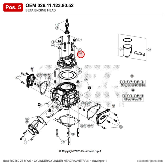 BETA ENGINE HEAD – OEM 026.11.123.80.52, position 5 on the Beta RX 250 2T MY27 cylinder/cylinder head/valvetrain drawing