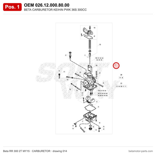BETA CARBURETOR KEIHIN PWK 36S 300CC – OEM 026.12.000.80.00, position 1 on the Beta RR 300 2T MY15 carburetor drawing