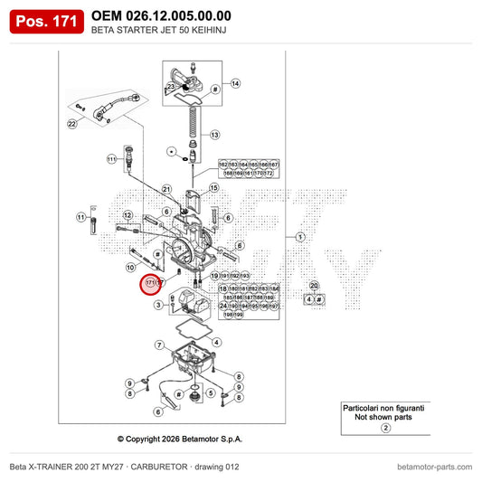 BETA STARTER JET 50 KEIHINJ – OEM 026.12.005.00.00, position 171 on the Beta X-TRAINER 200 2T MY27 carburetor drawing