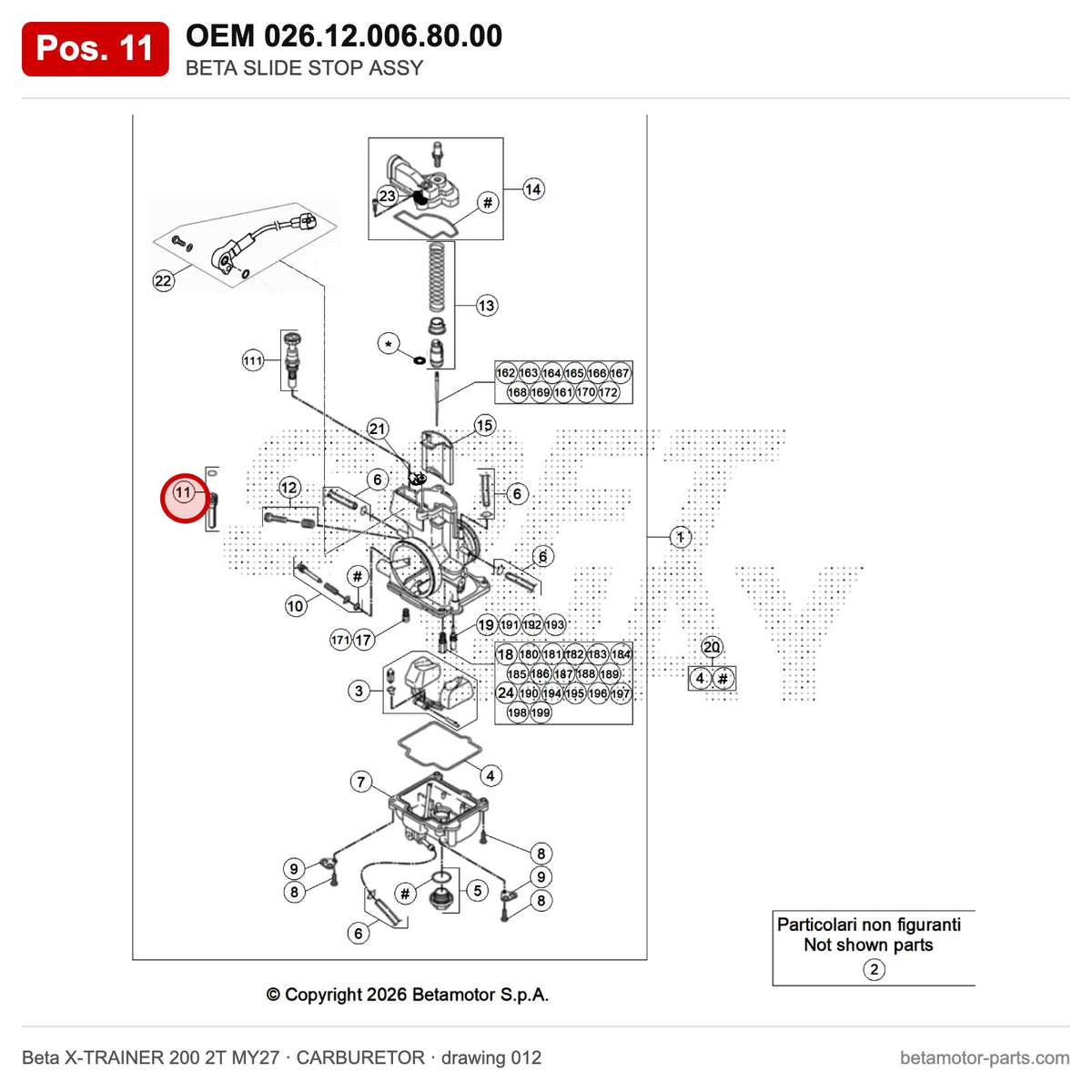 BETA SLIDE STOP ASSY – OEM 026.12.006.80.00, position 11 on the Beta X-TRAINER 200 2T MY27 carburetor drawing