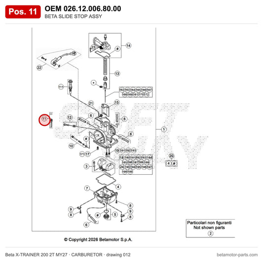 BETA SLIDE STOP ASSY – OEM 026.12.006.80.00, position 11 on the Beta X-TRAINER 200 2T MY27 carburetor drawing