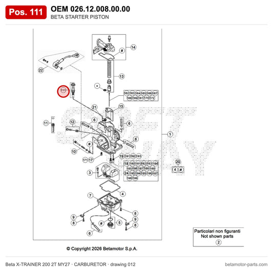 BETA STARTER PISTON – OEM 026.12.008.00.00, position 111 on the Beta X-TRAINER 200 2T MY27 carburetor drawing