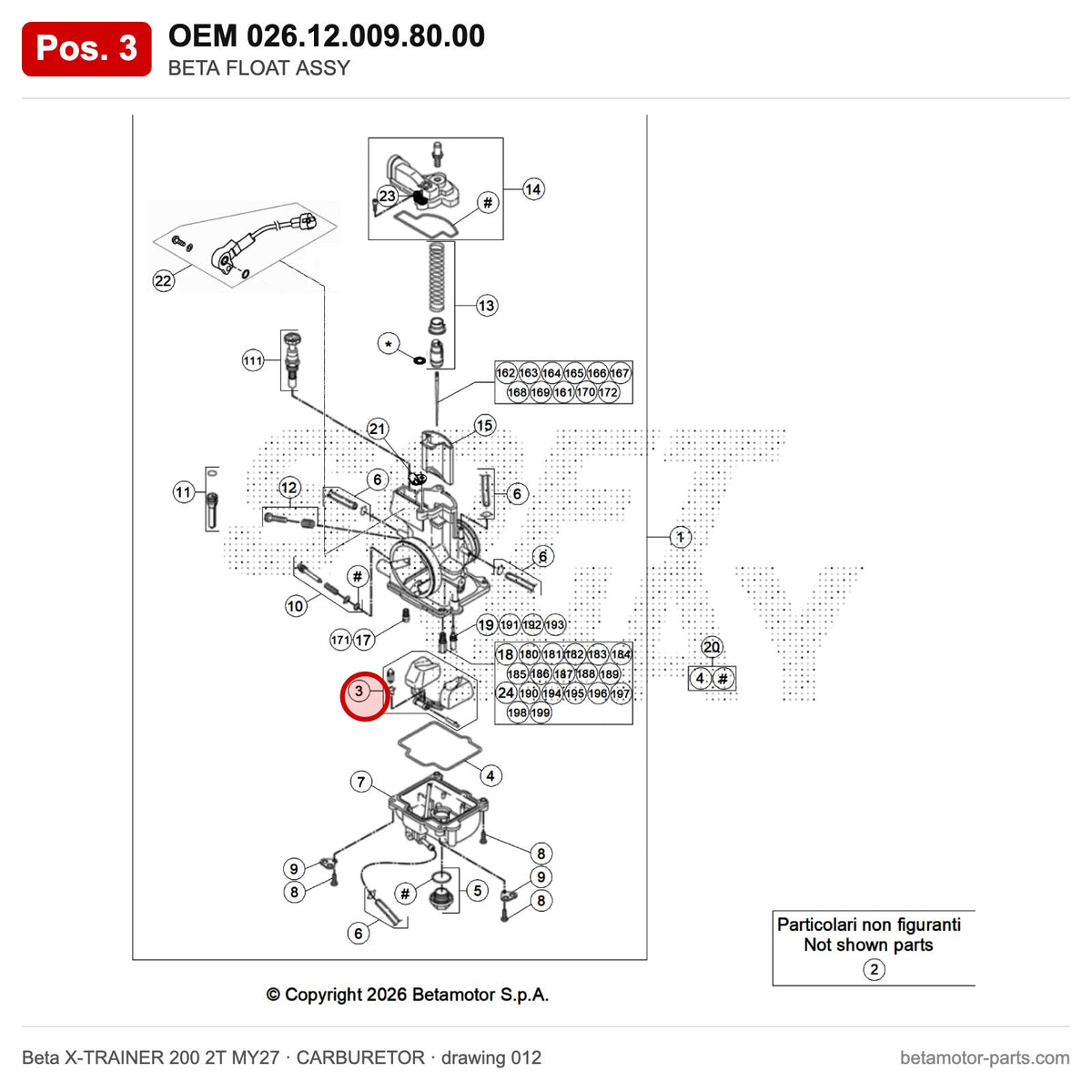 BETA FLOAT ASSY – OEM 026.12.009.80.00, position 3 on the Beta X-TRAINER 200 2T MY27 carburetor drawing