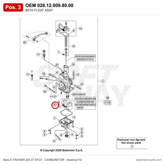 BETA FLOAT ASSY – OEM 026.12.009.80.00, position 3 on the Beta X-TRAINER 200 2T MY27 carburetor drawing