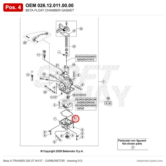 BETA FLOAT CHAMBER GASKET – OEM 026.12.011.00.00, position 4 on the Beta X-TRAINER 200 2T MY27 carburetor drawing