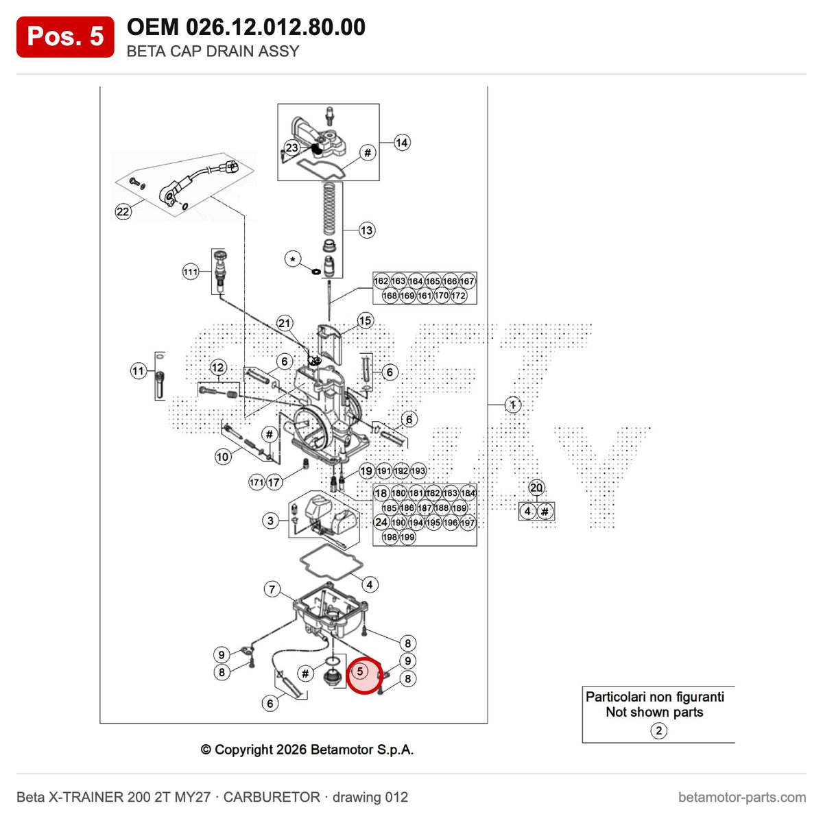 BETA CAP DRAIN ASSY – OEM 026.12.012.80.00, position 5 on the Beta X-TRAINER 200 2T MY27 carburetor drawing