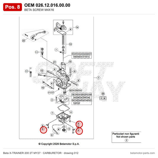 BETA SCREW M4X16 – OEM 026.12.016.00.00, position 8 on the Beta X-TRAINER 200 2T MY27 carburetor drawing