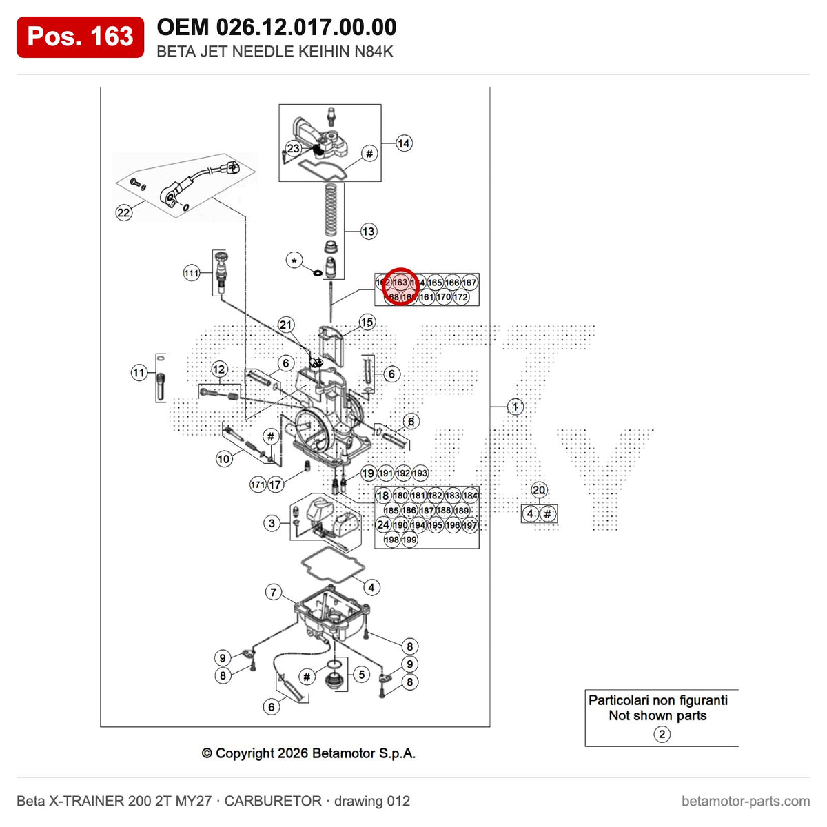 BETA JET NEEDLE KEIHIN N84K – OEM 026.12.017.00.00, position 163 on the Beta X-TRAINER 200 2T MY27 carburetor drawing