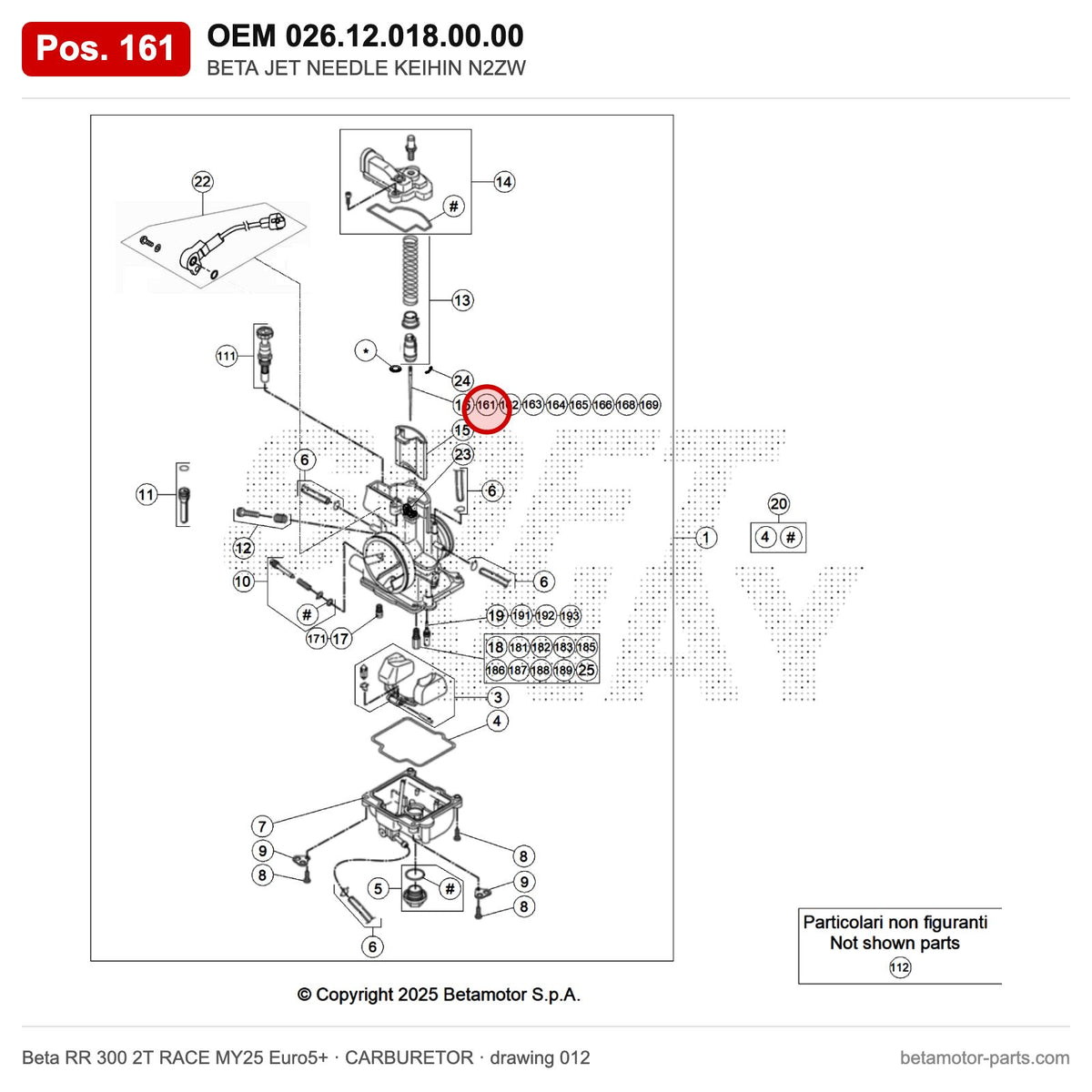 BETA JET NEEDLE KEIHIN N2ZW – OEM 026.12.018.00.00, position 161 on the Beta RR 300 2T RACE MY25 Euro5+ carburetor drawing