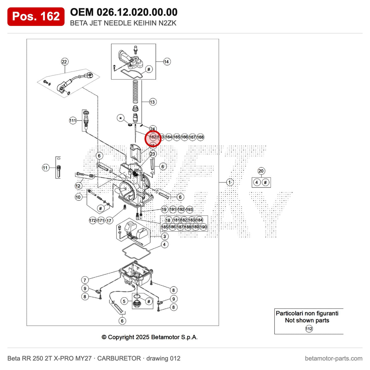 BETA JET NEEDLE KEIHIN N2ZK – OEM 026.12.020.00.00, position 162 on the Beta RR 250 2T X-PRO MY27 carburetor drawing