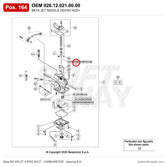 BETA JET NEEDLE KEIHIN N2ZH – OEM 026.12.021.00.00, position 164 on the Beta RR 250 2T X-PRO MY27 carburetor drawing