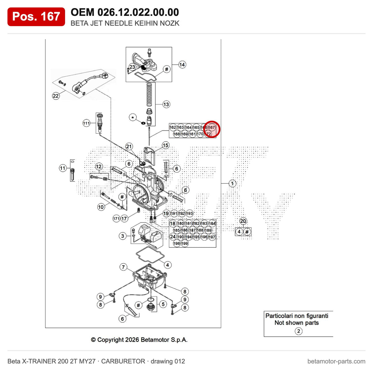 BETA JET NEEDLE KEIHIN NOZK – OEM 026.12.022.00.00, position 167 on the Beta X-TRAINER 200 2T MY27 carburetor drawing