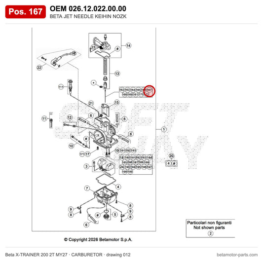 BETA JET NEEDLE KEIHIN NOZK – OEM 026.12.022.00.00, position 167 on the Beta X-TRAINER 200 2T MY27 carburetor drawing