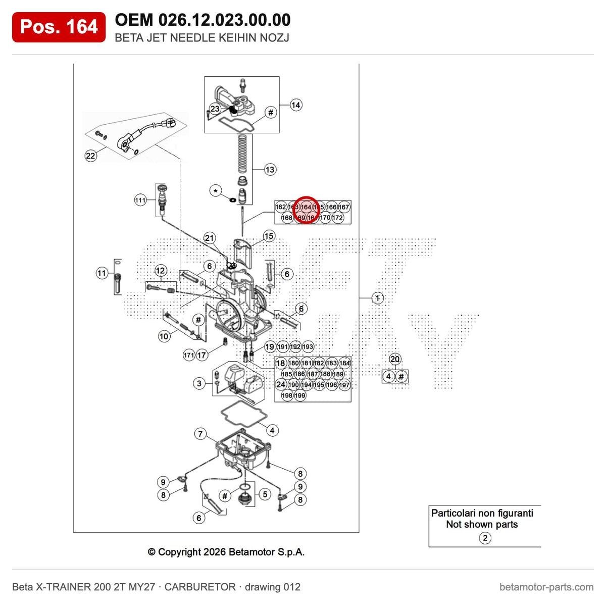 BETA JET NEEDLE KEIHIN NOZJ – OEM 026.12.023.00.00, position 164 on the Beta X-TRAINER 200 2T MY27 carburetor drawing