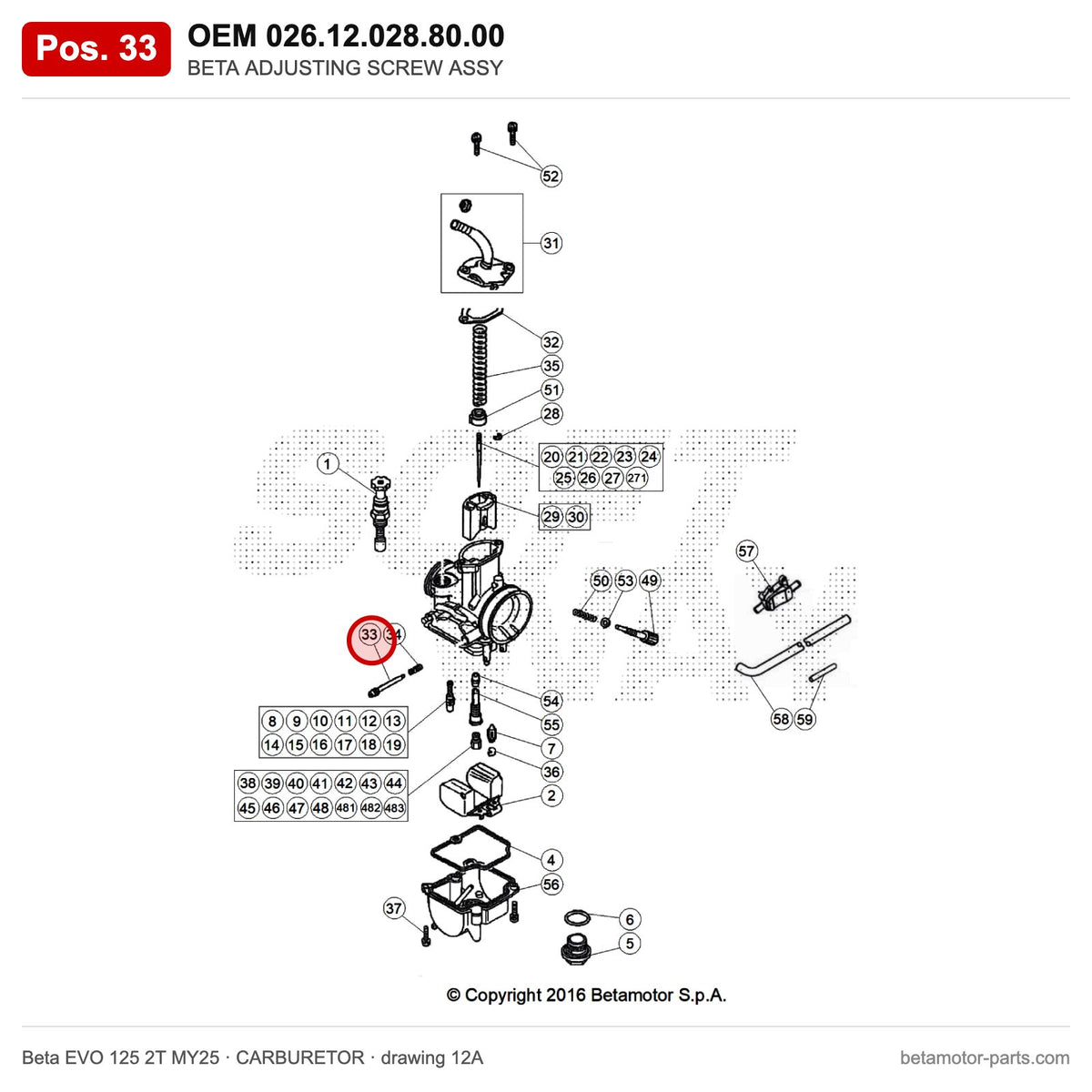 BETA ADJUSTING SCREW ASSY – OEM 026.12.028.80.00, position 33 on the Beta EVO 125 2T MY25 carburetor drawing