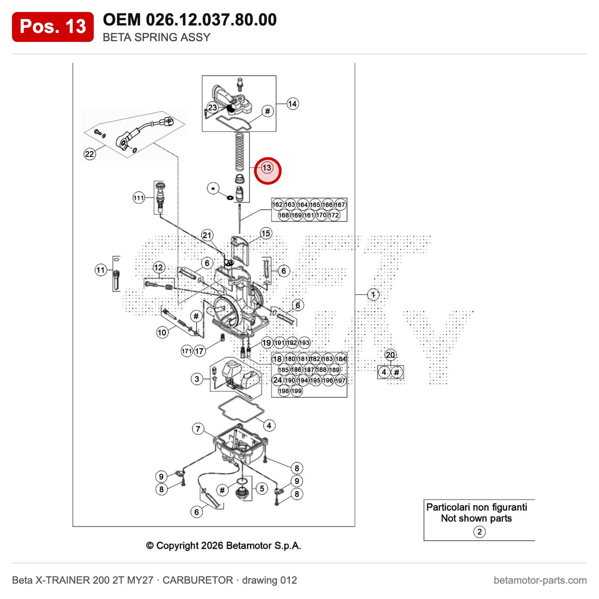 BETA SPRING ASSY – OEM 026.12.037.80.00, position 13 on the Beta X-TRAINER 200 2T MY27 carburetor drawing