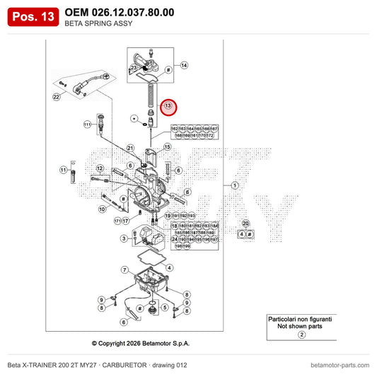 BETA SPRING ASSY – OEM 026.12.037.80.00, position 13 on the Beta X-TRAINER 200 2T MY27 carburetor drawing