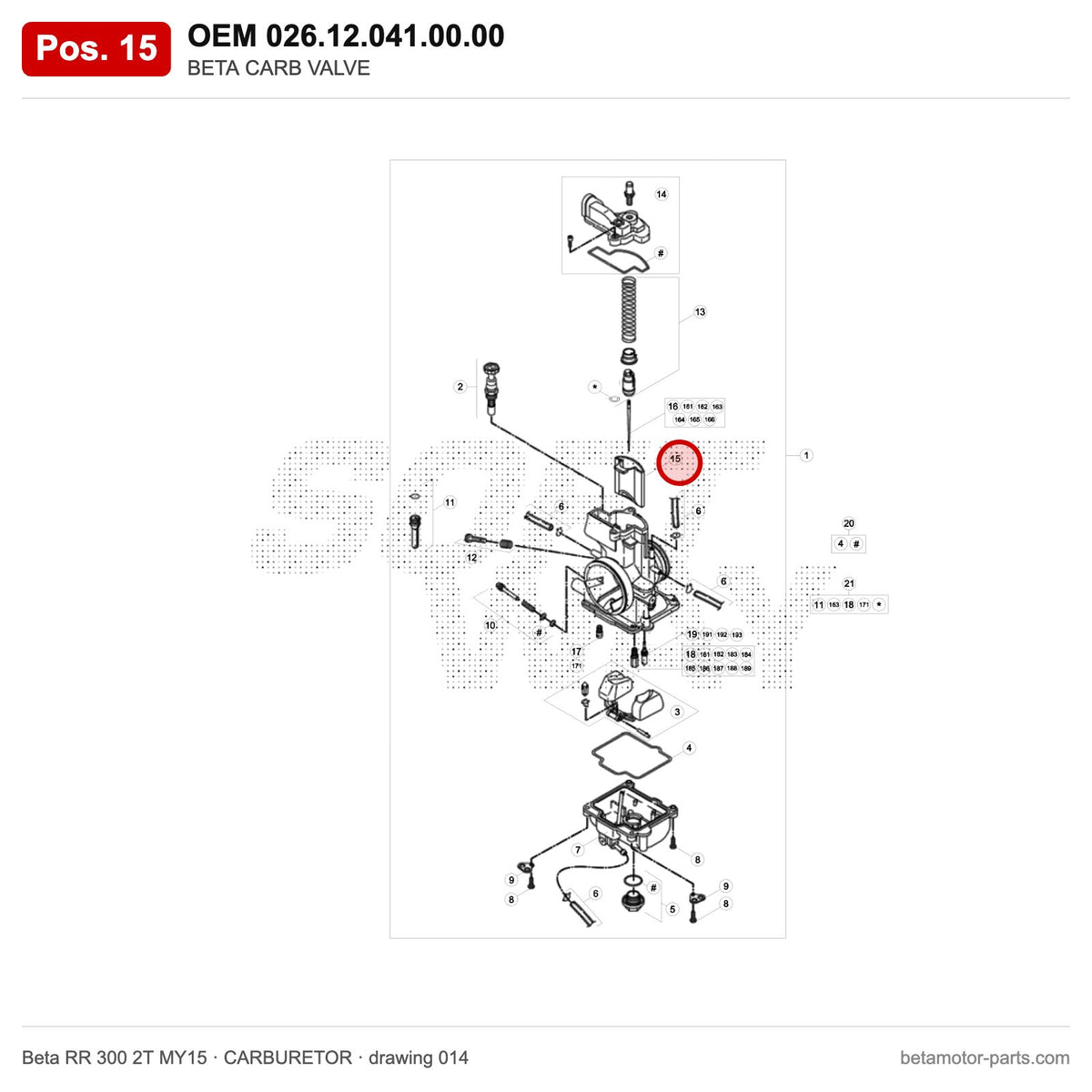 BETA CARB VALVE – OEM 026.12.041.00.00, position 15 on the Beta RR 300 2T MY15 carburetor drawing