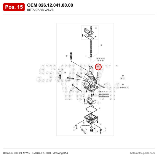 BETA CARB VALVE – OEM 026.12.041.00.00, position 15 on the Beta RR 300 2T MY15 carburetor drawing
