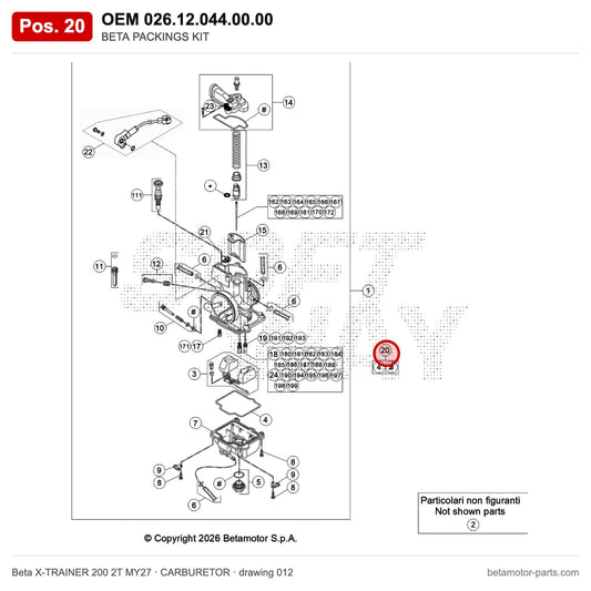 BETA PACKINGS KIT – OEM 026.12.044.00.00, position 20 on the Beta X-TRAINER 200 2T MY27 carburetor drawing