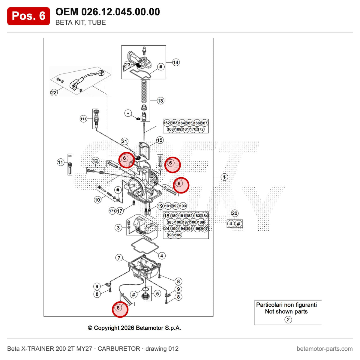 BETA KIT, TUBE – OEM 026.12.045.00.00, position 6 on the Beta X-TRAINER 200 2T MY27 carburetor drawing
