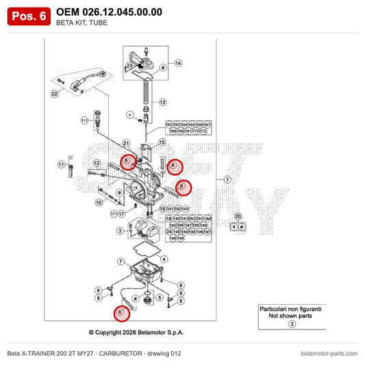 BETA KIT, TUBE – OEM 026.12.045.00.00, position 6 on the Beta X-TRAINER 200 2T MY27 carburetor drawing