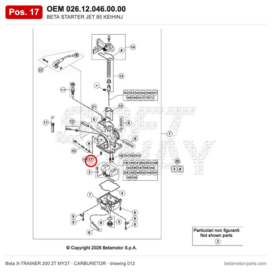 BETA STARTER JET 85 KEIHINJ – OEM 026.12.046.00.00, position 17 on the Beta X-TRAINER 200 2T MY27 carburetor drawing