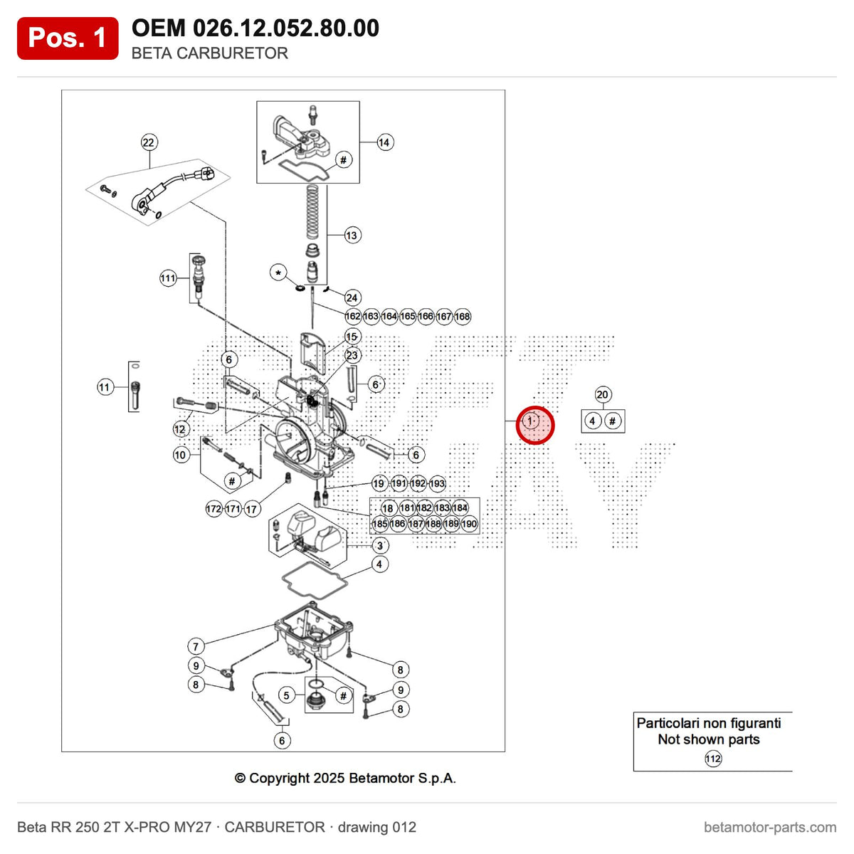 BETA CARBURETOR – OEM 026.12.052.80.00, position 1 on the Beta RR 250 2T X-PRO MY27 carburetor drawing
