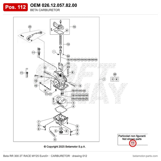 BETA CARBURETOR – OEM 026.12.057.82.00, position 112 on the Beta RR 300 2T RACE MY25 Euro5+ carburetor drawing