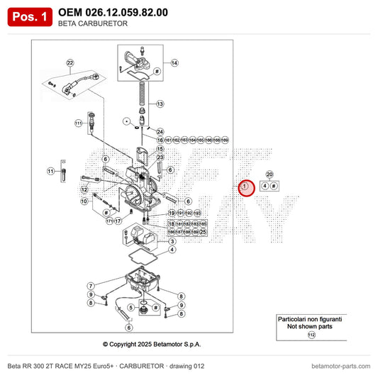 BETA CARBURETOR – OEM 026.12.059.82.00, position 1 on the Beta RR 300 2T RACE MY25 Euro5+ carburetor drawing