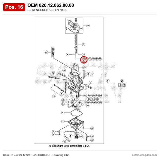 BETA NEEDLE KEIHIN N1EE – OEM 026.12.062.00.00, position 16 on the Beta RX 350 2T MY27 carburetor drawing