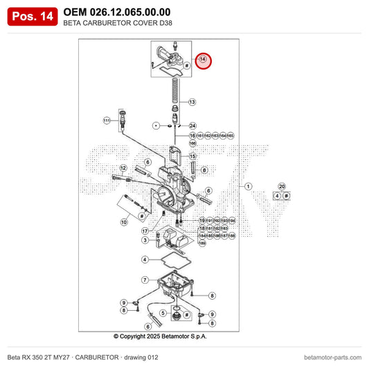 BETA CARBURETOR COVER D38 – OEM 026.12.065.00.00, position 14 on the Beta RX 350 2T MY27 carburetor drawing