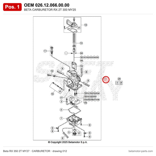 BETA CARBURETOR RX 2T 300 MY25 – OEM 026.12.066.00.00, position 1 on the Beta RX 350 2T MY27 carburetor drawing