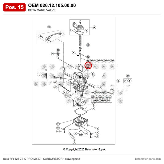 BETA CARB VALVE – OEM 026.12.105.00.00, position 15 on the Beta RR 125 2T X-PRO MY27 carburetor drawing