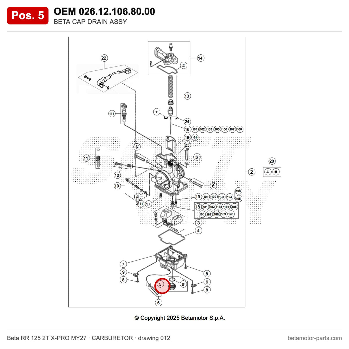 BETA CAP DRAIN ASSY – OEM 026.12.106.80.00, position 5 on the Beta RR 125 2T X-PRO MY27 carburetor drawing
