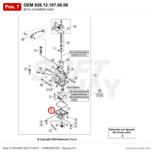 BETA CHAMBER ASSY – OEM 026.12.107.00.00, position 7 on the Beta X-TRAINER 200 2T MY27 carburetor drawing