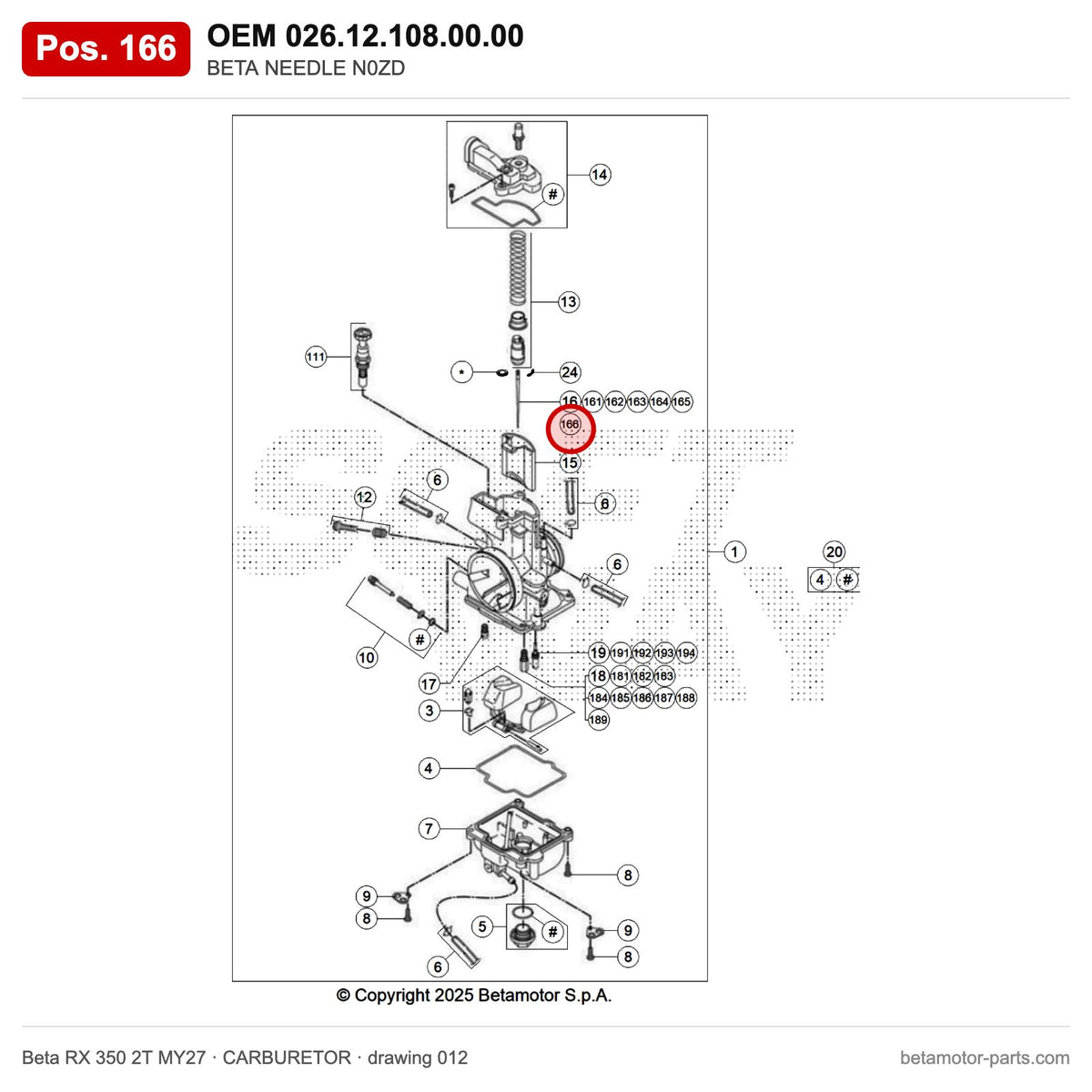 BETA NEEDLE N0ZD – OEM 026.12.108.00.00, position 166 on the Beta RX 350 2T MY27 carburetor drawing