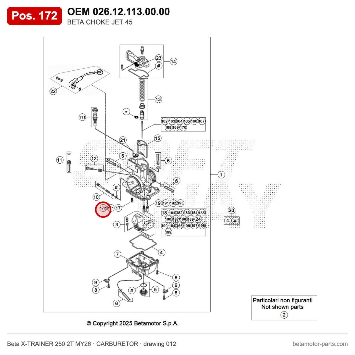 BETA CHOKE JET 45 – OEM 026.12.113.00.00, position 172 on the Beta X-TRAINER 250 2T MY26 carburetor drawing
