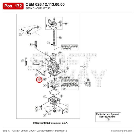 BETA CHOKE JET 45 – OEM 026.12.113.00.00, position 172 on the Beta X-TRAINER 250 2T MY26 carburetor drawing