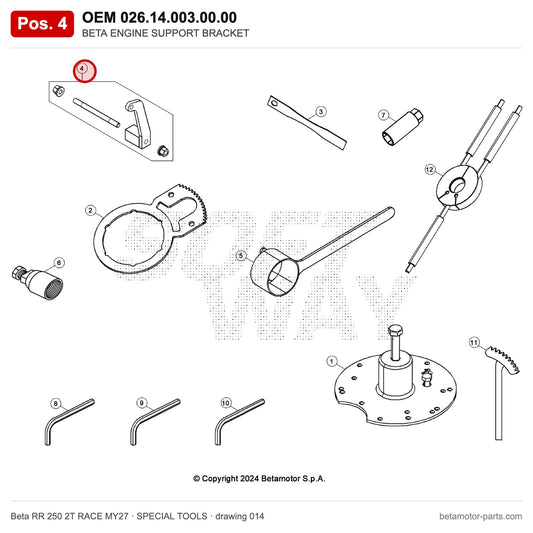 BETA ENGINE SUPPORT BRACKET – OEM 026.14.003.00.00, position 4 on the Beta RR 250 2T RACE MY27 special tools drawing