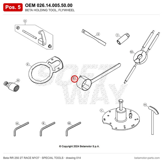 BETA HOLDING TOOL, FLYWHEEL – OEM 026.14.005.50.00, position 5 on the Beta RR 250 2T RACE MY27 special tools drawing