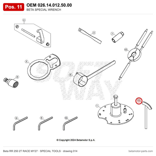 BETA SPECIAL WRENCH – OEM 026.14.012.50.00, position 11 on the Beta RR 250 2T RACE MY27 special tools drawing