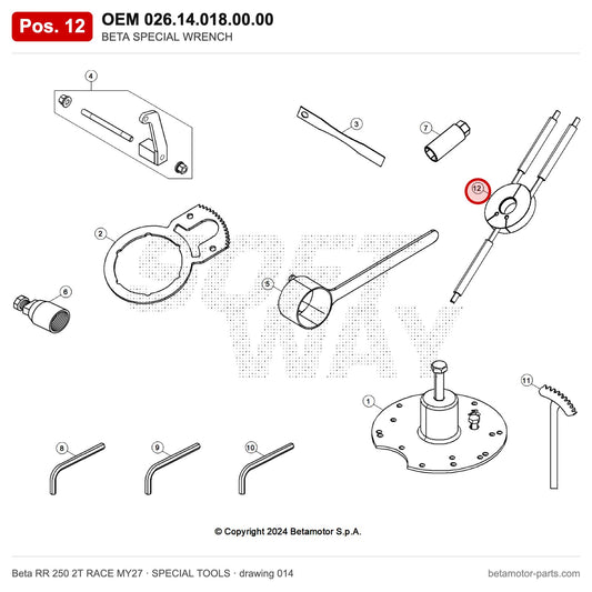 BETA SPECIAL WRENCH – OEM 026.14.018.00.00, position 12 on the Beta RR 250 2T RACE MY27 special tools drawing