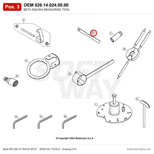 BETA SQUISH MEASURING TOOL – OEM 026.14.024.00.00, position 3 on the Beta RR 250 2T RACE MY27 special tools drawing