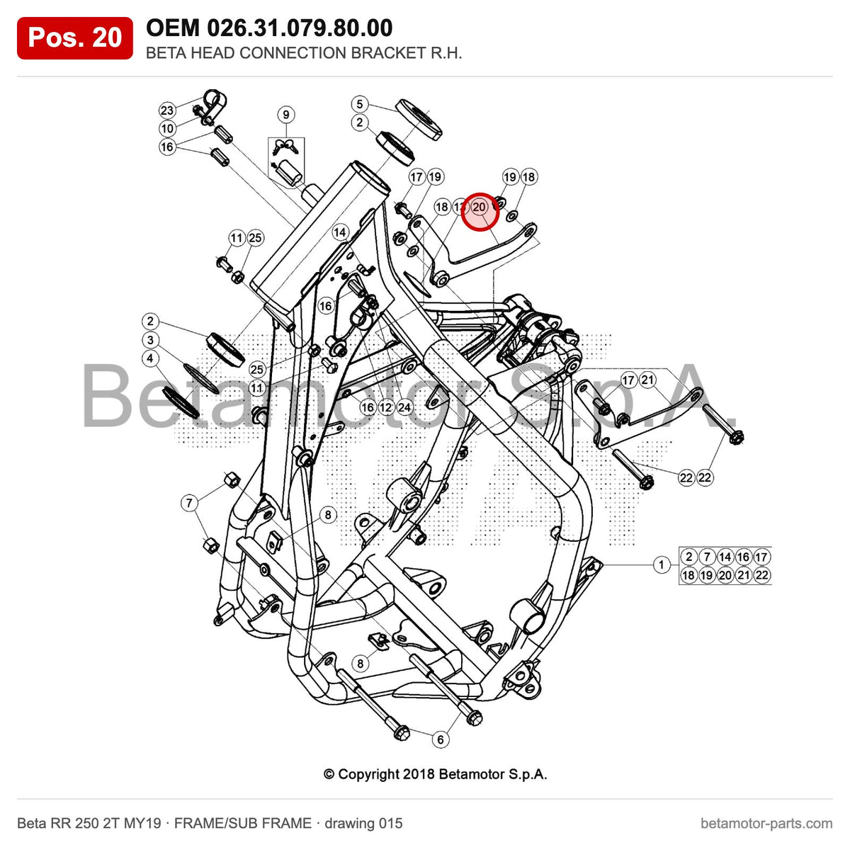 BETA HEAD CONNECTION BRACKET R.H. – OEM 026.31.079.80.00, position 20 on the Beta RR 250 2T MY19 frame/sub frame drawing