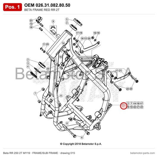 BETA FRAME RED RR 2T – OEM 026.31.082.80.50, position 1 on the Beta RR 250 2T MY19 frame/sub frame drawing