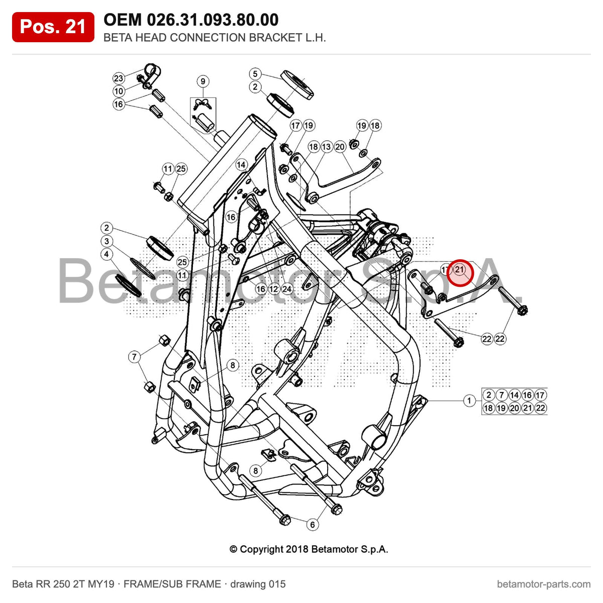 BETA HEAD CONNECTION BRACKET L.H. – OEM 026.31.093.80.00, position 21 on the Beta RR 250 2T MY19 frame/sub frame drawing