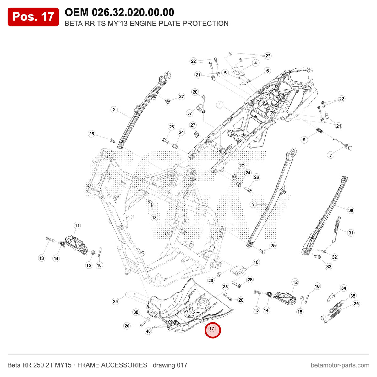 BETA RR TS MY'13 ENGINE PLATE PROTECTION – OEM 026.32.020.00.00, position 17 on the Beta RR 250 2T MY15 frame accessories drawing